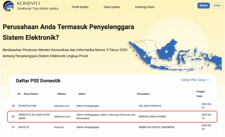 Website dan Aplikasi IATEK UNSRI Terdaftar Sebagai Penyelenggara Sistem Elektronik di Kominfo